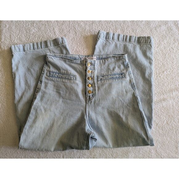 ZARA Wide-Leg High-Waist Buttoned Light Wash Denim Jeans Sz 4 - Picture 7 of 9